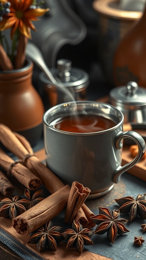A cozy cup of tea with cinnamon sticks and star anise, surrounded by warm tones.