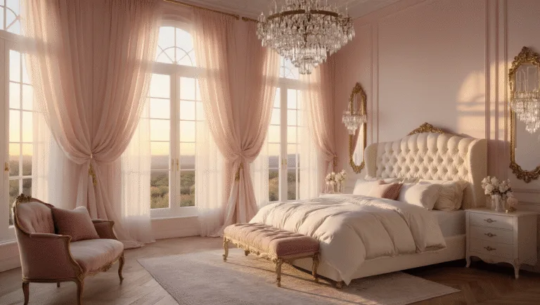 A luxurious master bedroom illuminated by warm golden hour light, featuring a king-sized bed with cream linen headboard, soft neutral bedding, walnut nightstands, and modern brass lamps, all enhanced by a plush Moroccan rug and trailing pothos plants, captured from an elevated angle to highlight the intimate atmosphere and architectural details.