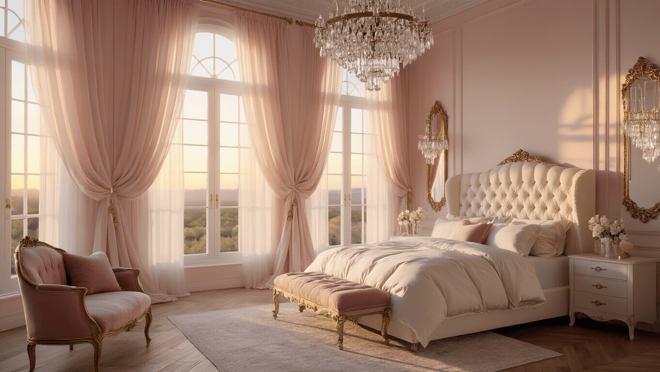 A luxurious master bedroom illuminated by warm golden hour light, featuring a king-sized bed with cream linen headboard, soft neutral bedding, walnut nightstands, and modern brass lamps, all enhanced by a plush Moroccan rug and trailing pothos plants, captured from an elevated angle to highlight the intimate atmosphere and architectural details.