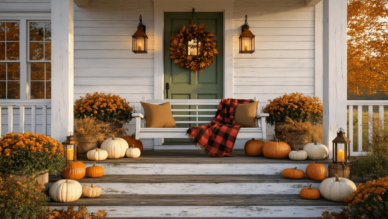 A charming farmhouse porch at golden hour featuring weathered white wooden planks, a sage green door with an oak leaf wreath, a vintage porch swing with a plaid blanket, vibrant heirloom pumpkins, copper lanterns with flickering candles, terracotta pots with chrysanthemums, and Edison string lights, all softly illuminated in a warm, inviting atmosphere.