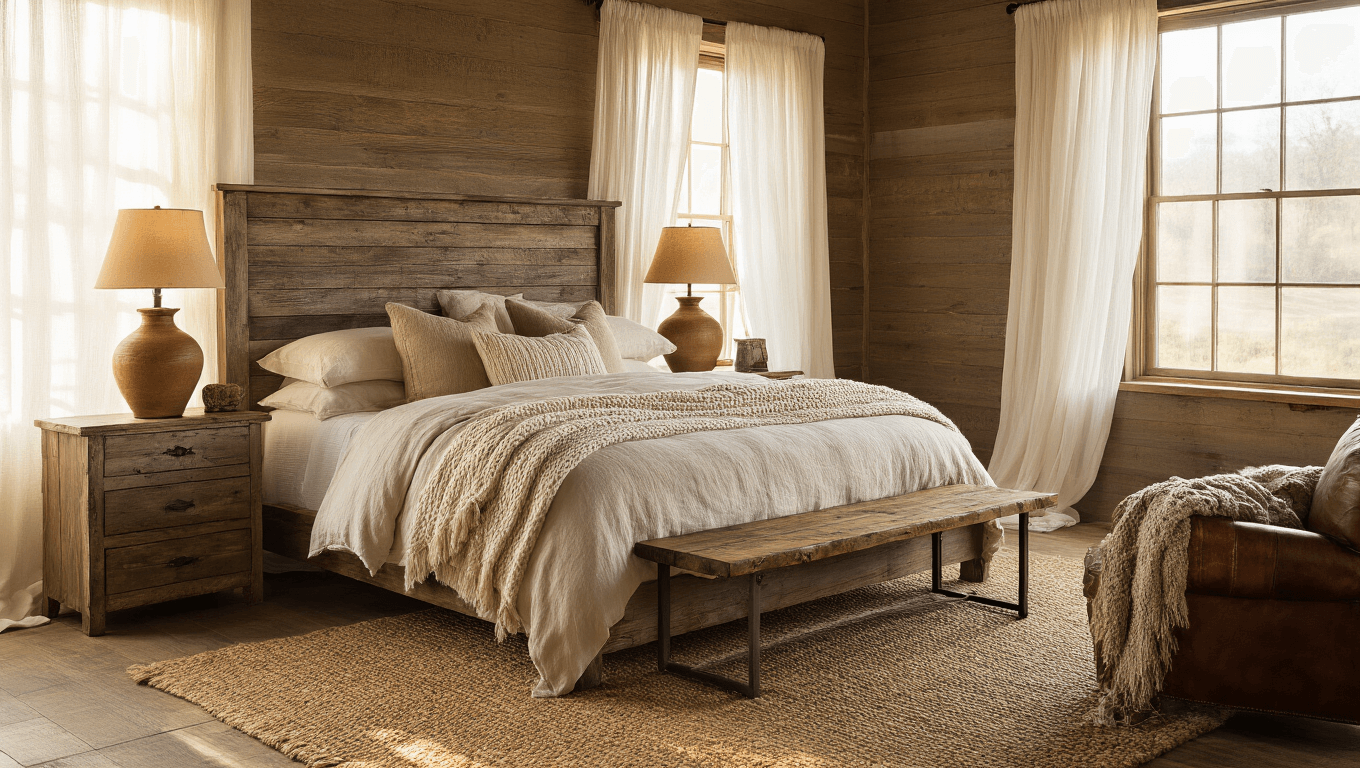 Cinematic wide-angle shot of a sunlit rustic bedroom with a king-size bed, cream linen bedding, distressed oak nightstands, vintage lamps, and a leather armchair, capturing warm lighting and earthy textures in a cozy, inviting atmosphere.