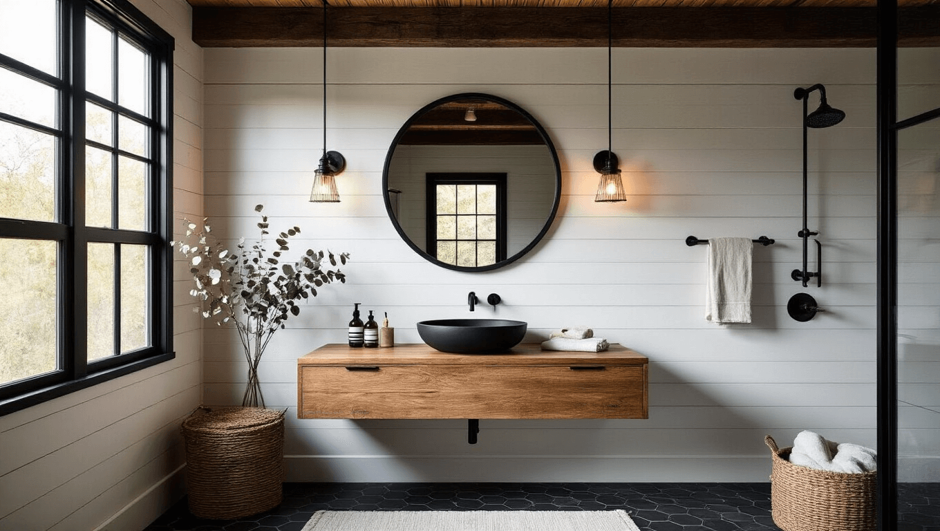 Moody bathroom interior with black-framed windows, floating wood vanity, matte black vessel sink, shiplap walls, dark wooden beams, industrial sconces, black-rimmed mirror, charcoal hexagonal tiles, oil-rubbed bronze fixtures, freestanding black soaking tub, and vintage brass pendant lighting.