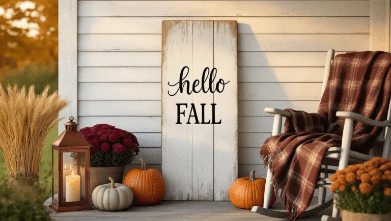 Cinematic close-up of a rustic farmhouse porch at golden hour, featuring a weathered "Hello Fall" sign, vintage white shiplap siding, heirloom pumpkins, copper lanterns, burgundy mums, dried wheat, and a cozy plaid throw, all bathed in warm autumn sunlight.
