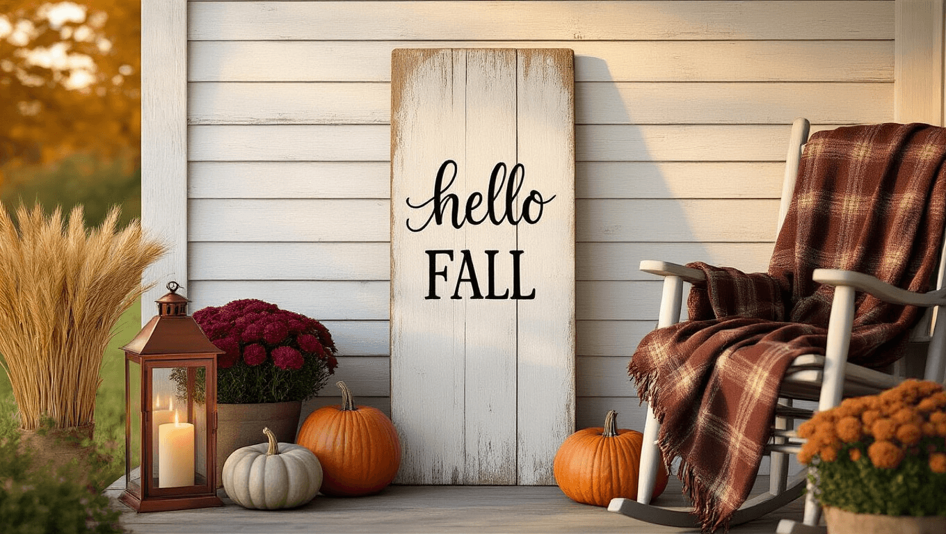 Cinematic close-up of a rustic farmhouse porch at golden hour, featuring a weathered "Hello Fall" sign, vintage white shiplap siding, heirloom pumpkins, copper lanterns, burgundy mums, dried wheat, and a cozy plaid throw, all bathed in warm autumn sunlight.