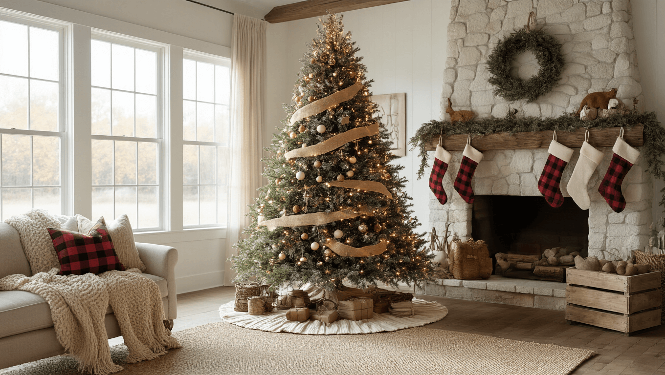 Photorealistic interior of a sunlit farmhouse living room featuring a tall flocked Christmas tree decorated with warm lights and rustic ornaments, surrounded by vintage wooden crates and a stone fireplace with stockings, all under a vaulted ceiling with exposed beams.