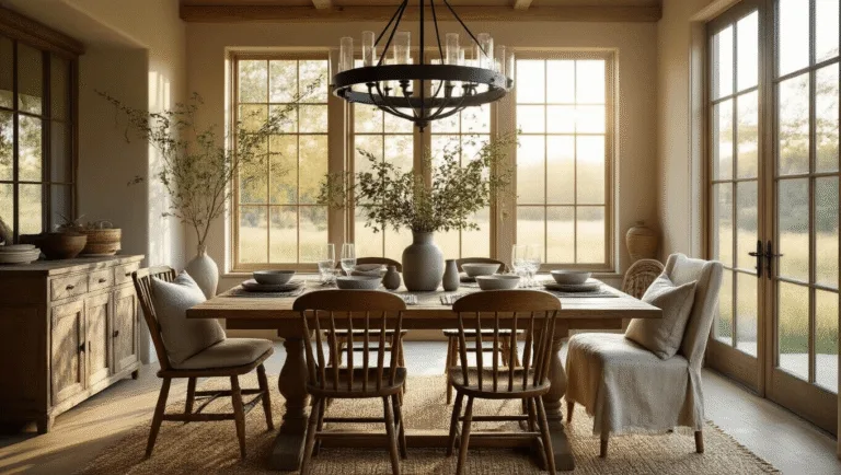 Cinematic wide-angle view of a sunlit farmhouse dining room featuring a rustic oak harvest table with mismatched chairs, styled with a sage linen runner and a centerpiece of eucalyptus, wheat, and candles, all illuminated by an oversized chandelier.