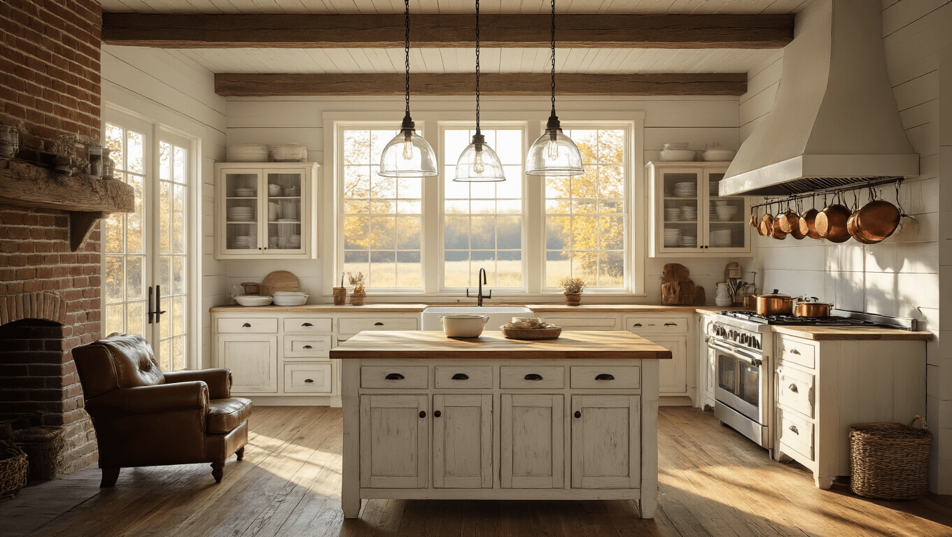 Photorealistic rustic farmhouse kitchen with morning light, featuring oversized glass pendant lights, a wooden island, vintage cabinetry, and a cozy leather armchair near a brick fireplace.