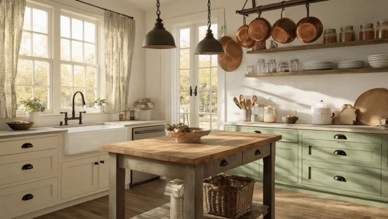 A sunlit farmhouse kitchen featuring cream Shaker-style cabinets with matte black hardware, a weathered wood island with a butcher block top, sage green lower cabinets, and vintage copper pots hanging above. A white farmhouse sink is beneath gingham curtains, with open shelves displaying enamelware and mason jars. The scene showcases wide-plank oak flooring and a sliding barn door with black hardware, captured in photorealistic detail during golden hour.