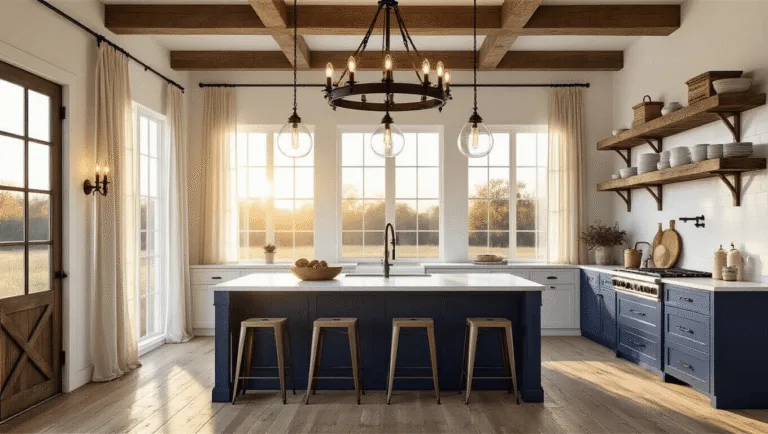 A grand farmhouse kitchen at golden hour featuring a rustic chandelier, glass pendant lights over a marble island, navy and white cabinets, and warm natural lighting accentuating textures of wood and metal.