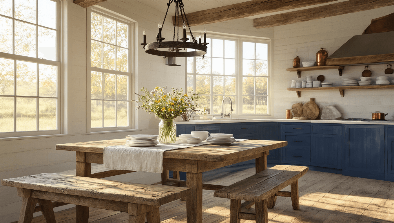 A sun-drenched rustic farmhouse kitchen featuring a weathered oak table with a backless bench, adorned with a vintage linen runner and fresh wildflowers. Morning light streaming through large windows highlights the distressed wood surfaces, while navy blue cabinets and exposed wooden beams enhance the cozy atmosphere. A fiddle leaf fig plant and a chunky knit throw add organic and comforting elements to the scene.