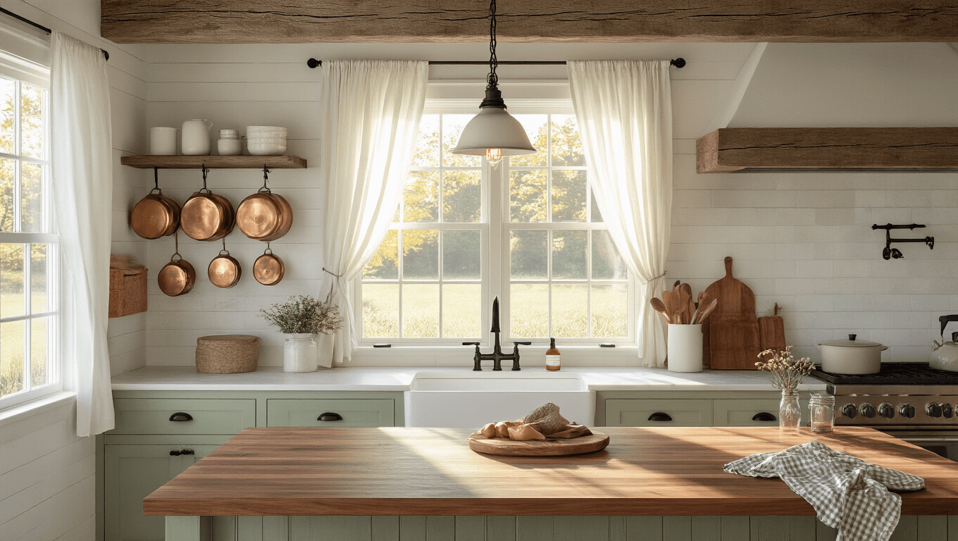 Photorealistic interior of a sunlit farmhouse kitchen featuring a walnut butcher block island, creamy quartz countertops, sage green shaker cabinets, and a white apron sink, all illuminated by vintage pendant lights.