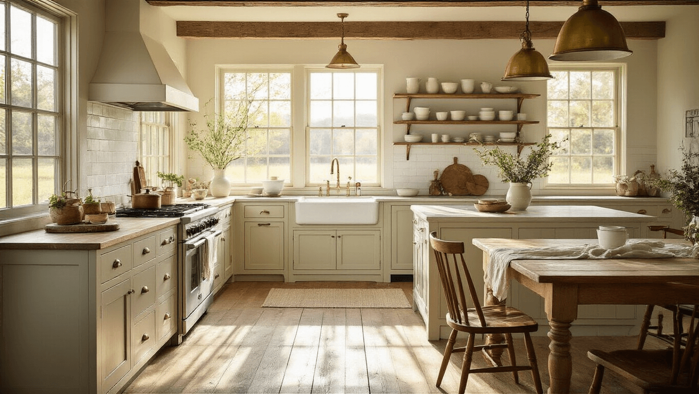 Bright farmhouse kitchen interior with golden morning sunlight, featuring cream Shaker cabinets, a reclaimed wood island, vintage brass pendant lights, open shelving with white ceramics and copper cookware, a farmhouse table with Windsor chairs, and natural textures, all in photorealistic detail.