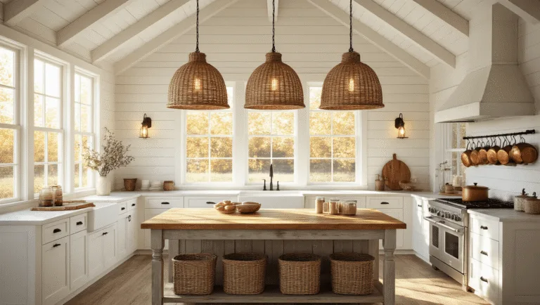A sunlit rustic farmhouse kitchen featuring vaulted white beams, oversized woven pendant lights, a distressed oak island, white shaker cabinets, and a large farmhouse sink, with warm ambient lighting and vintage decor elements.