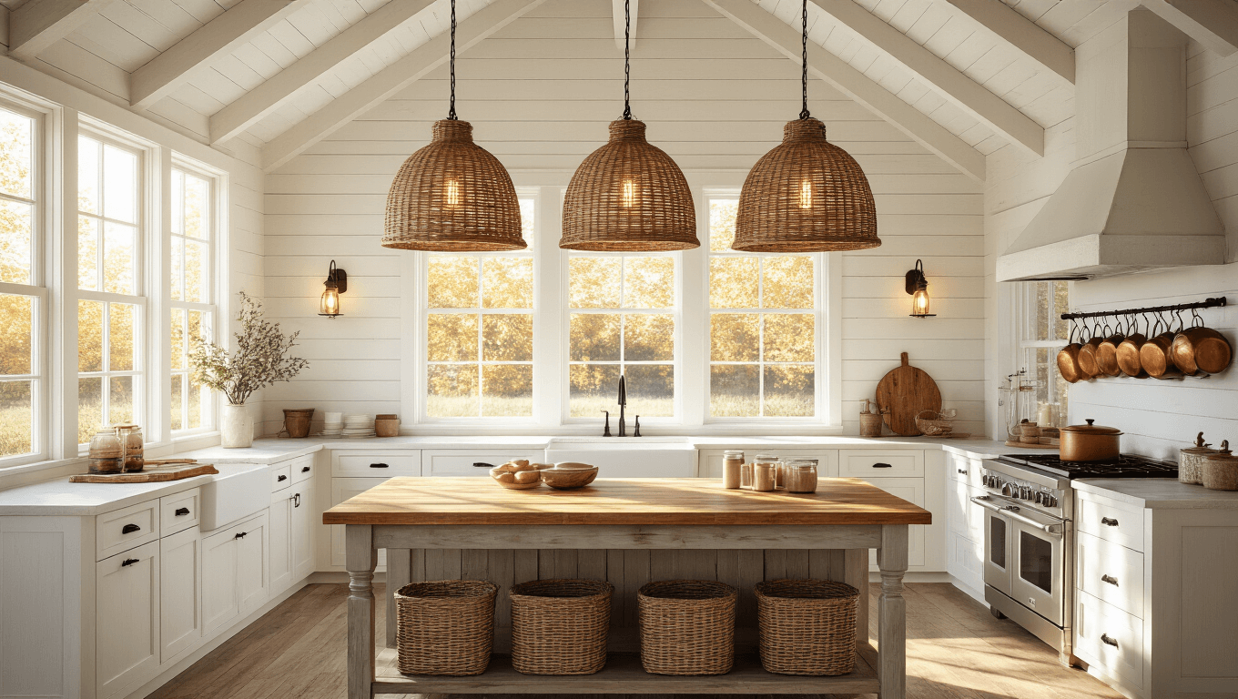 A sunlit rustic farmhouse kitchen featuring vaulted white beams, oversized woven pendant lights, a distressed oak island, white shaker cabinets, and a large farmhouse sink, with warm ambient lighting and vintage decor elements.