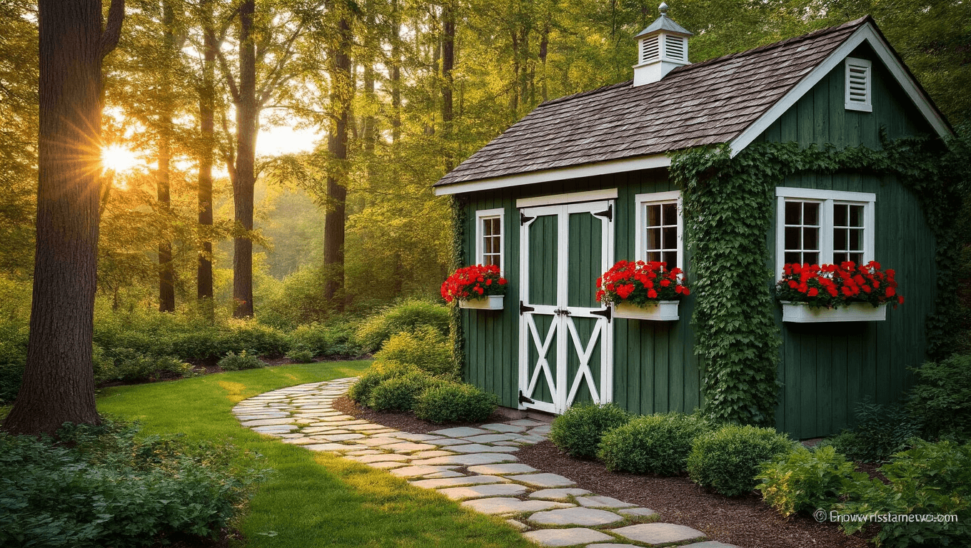 Photorealistic image of a rustic green garden shed with white trim and weathered shingles, surrounded by vibrant geraniums and evergreens, captured during golden hour with dappled light and atmospheric mist.