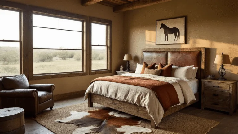 Cinematic wide-angle shot of a luxurious western rustic bedroom at golden hour, featuring a reclaimed barnwood king bed, distressed leather headboard, cream and rust-colored linens, large windows casting dramatic shadows, cowhide rug, weathered oak nightstands with industrial lamps, and vintage decor against warm taupe walls.