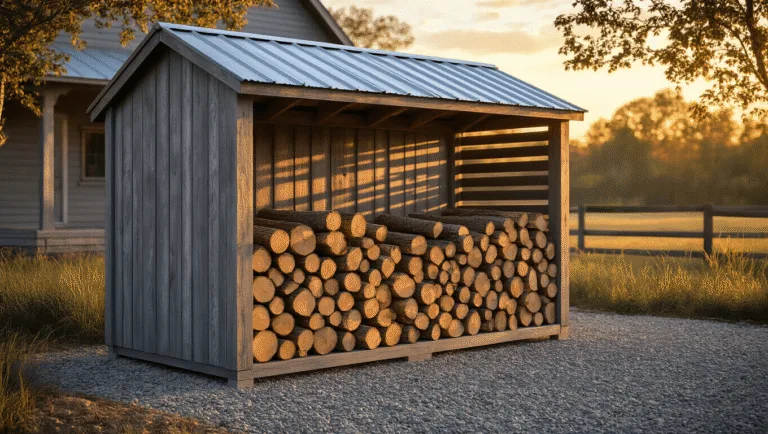 Photorealistic image of a rustic 4'x8' firewood shed made from weathered gray cedar with a galvanized metal roof, showcasing neatly stacked oak logs illuminated by warm sunset light, set against a modern farmhouse in a natural setting.