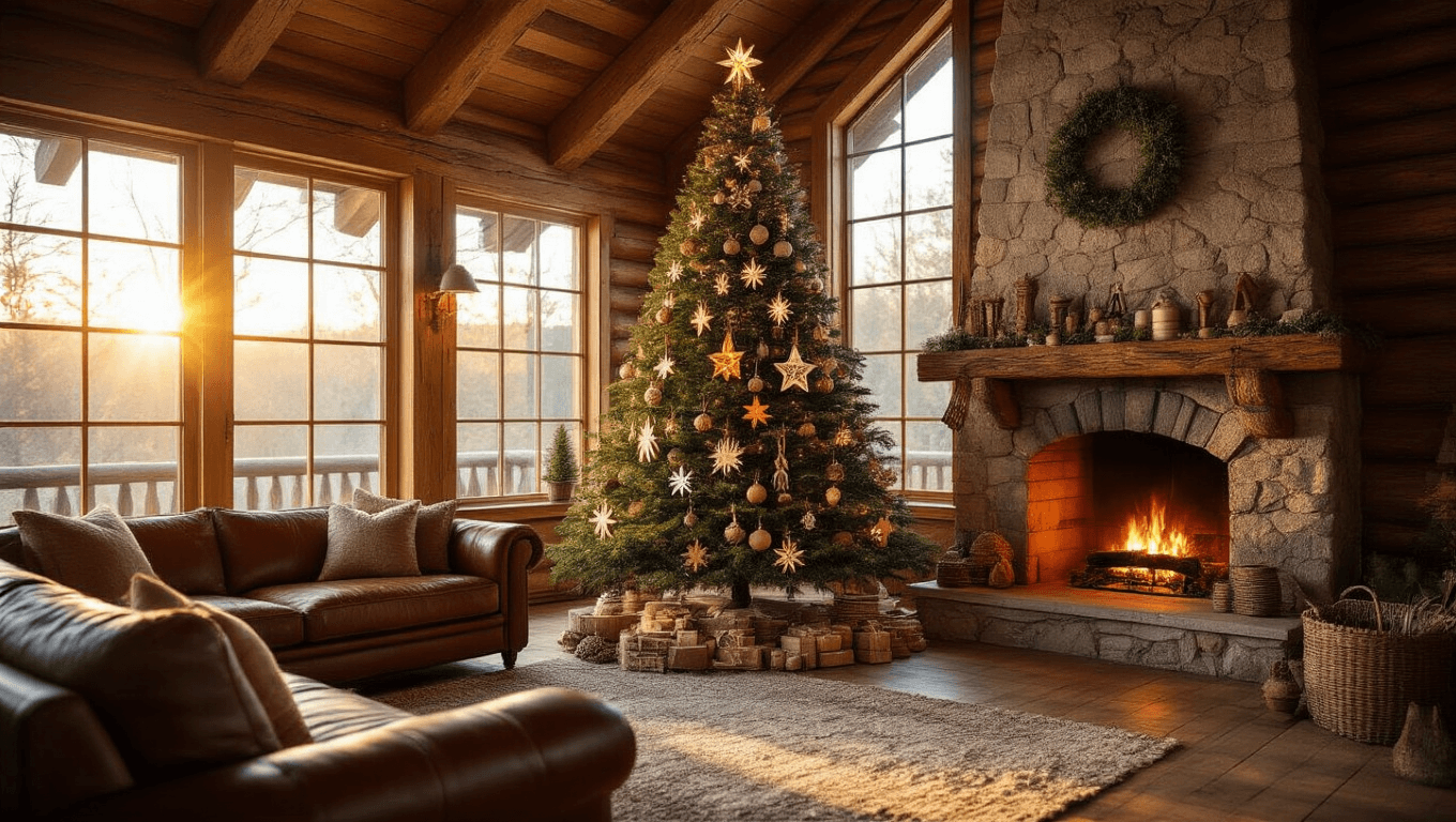 A cozy log cabin living room during golden hour, featuring a 7-foot Christmas tree adorned with handcrafted wooden ornaments, warm sunlight streaming through large windows, and a rustic interior with leather sofas and a stone fireplace.