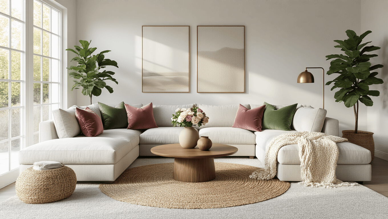 A spacious contemporary living room with light grey wall-to-wall carpeting, cream L-shaped sectional sofa, velvet throw pillows, chunky knit blanket, round walnut coffee table, and a large fiddle leaf fig plant, illuminated by warm afternoon sunlight streaming through floor-to-ceiling windows.