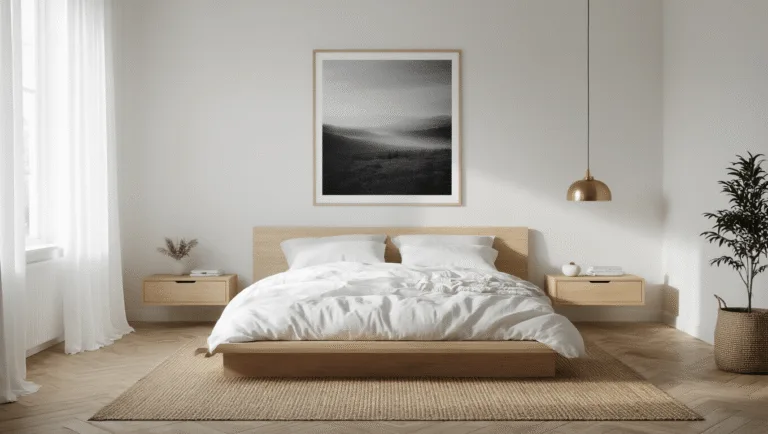 A serene Scandinavian minimalist bedroom with a low-profile oak platform bed, cloud-white linen bedding, and floating nightstands, illuminated by soft sunlight filtering through sheer curtains, featuring a handwoven jute rug and a fiddle leaf fig plant, captured in a cinematic 8K photograph during golden hour.