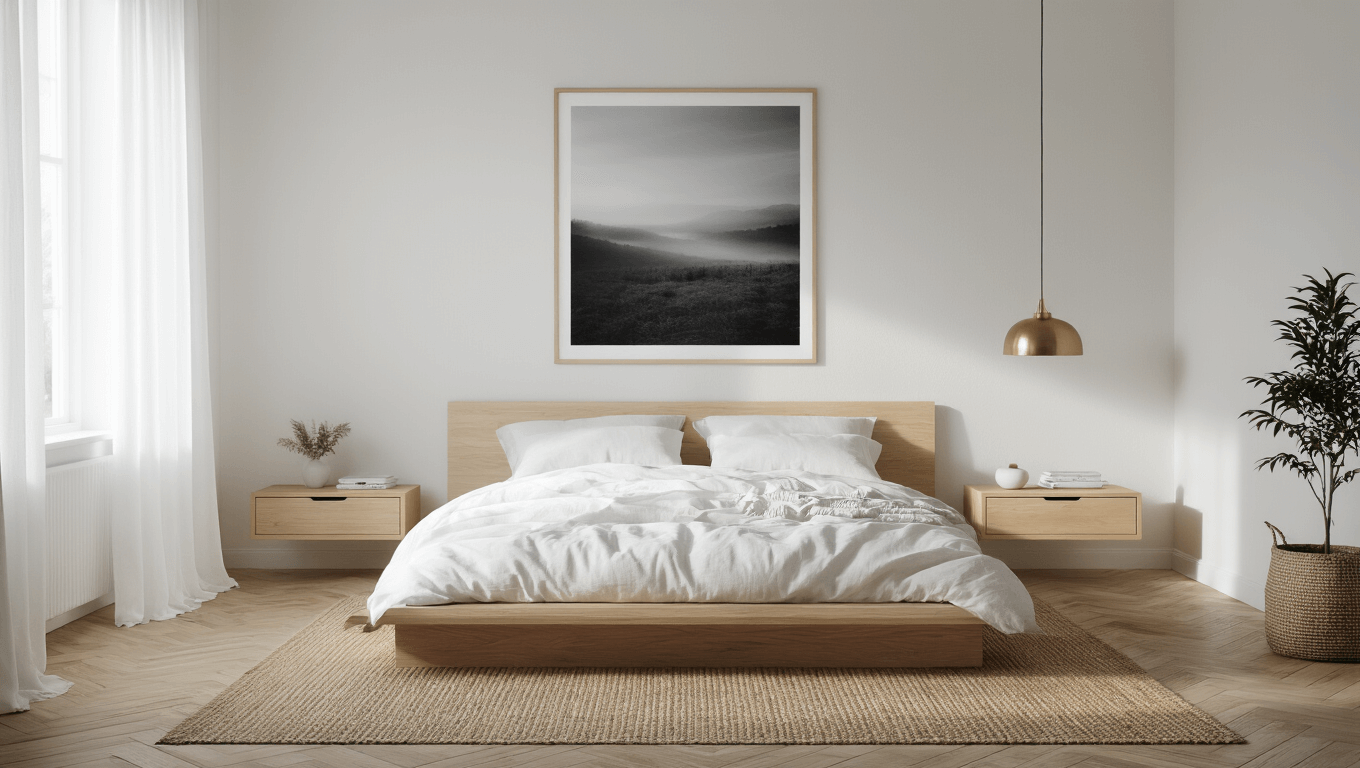 A serene Scandinavian minimalist bedroom with a low-profile oak platform bed, cloud-white linen bedding, and floating nightstands, illuminated by soft sunlight filtering through sheer curtains, featuring a handwoven jute rug and a fiddle leaf fig plant, captured in a cinematic 8K photograph during golden hour.