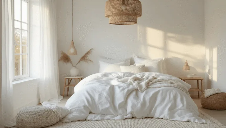 A luxurious white bedroom featuring a king-sized bed with layered textiles, warm golden hour light through sheer curtains, and stylish decor including rattan pendant light, brass accents, and green plants, all captured in photorealistic 8K resolution.