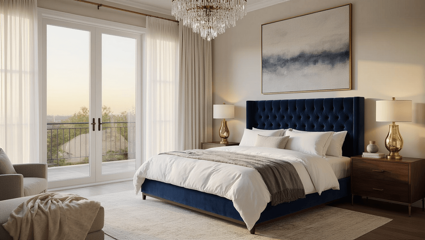 Luxurious master bedroom with king-sized bed, natural golden hour light, sheer curtains, brass and walnut nightstands, ceramic lamps, crystal chandelier, abstract canvas, layered textiles, reading nook, and potted fiddle leaf fig, shot in 8K resolution.
