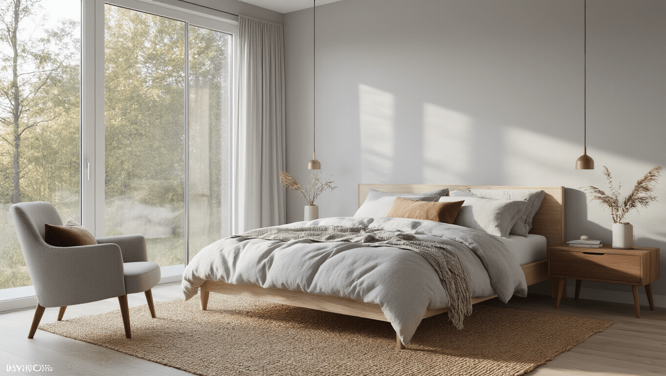Photorealistic Scandinavian bedroom featuring dove grey walls, a white oak platform bed with light grey linen bedding, minimalist walnut nightstands, natural jute rug, Swedish accent chair, and golden hour lighting filtering through floor-to-ceiling windows.