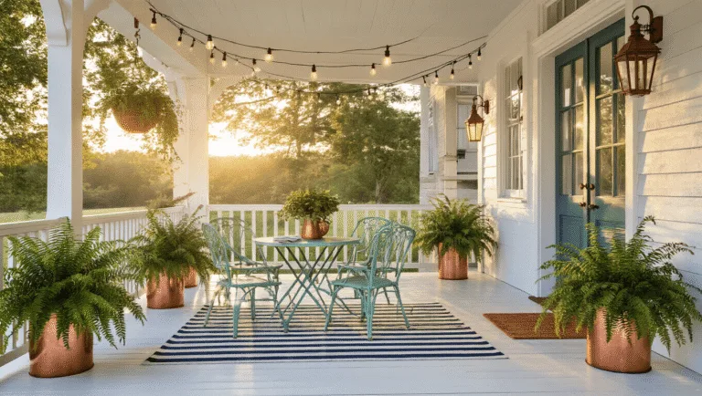 A sun-drenched farmhouse porch at golden hour featuring a vintage seafoam green bistro set, white-washed floorboards, cascading Boston ferns, and blooming plants, illuminated by warm Edison bulb string lights and antique lanterns, captured in a photorealistic style with dramatic lighting and rich textures.