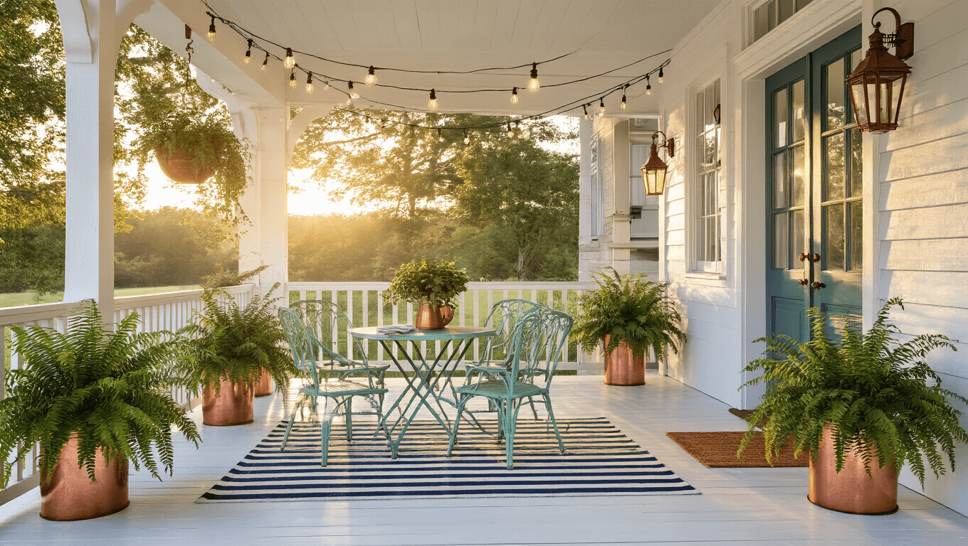 A sun-drenched farmhouse porch at golden hour featuring a vintage seafoam green bistro set, white-washed floorboards, cascading Boston ferns, and blooming plants, illuminated by warm Edison bulb string lights and antique lanterns, captured in a photorealistic style with dramatic lighting and rich textures.