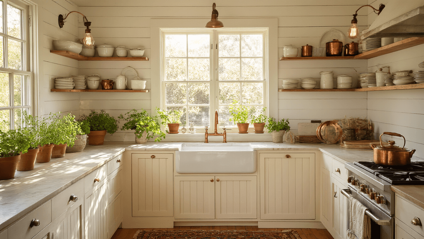 A cozy cottage kitchen bathed in warm golden hour light, featuring cream-colored cabinets, a farmhouse sink, marble countertops, and vintage decor, with potted herbs on the windowsill and a kilim runner on wooden floors.