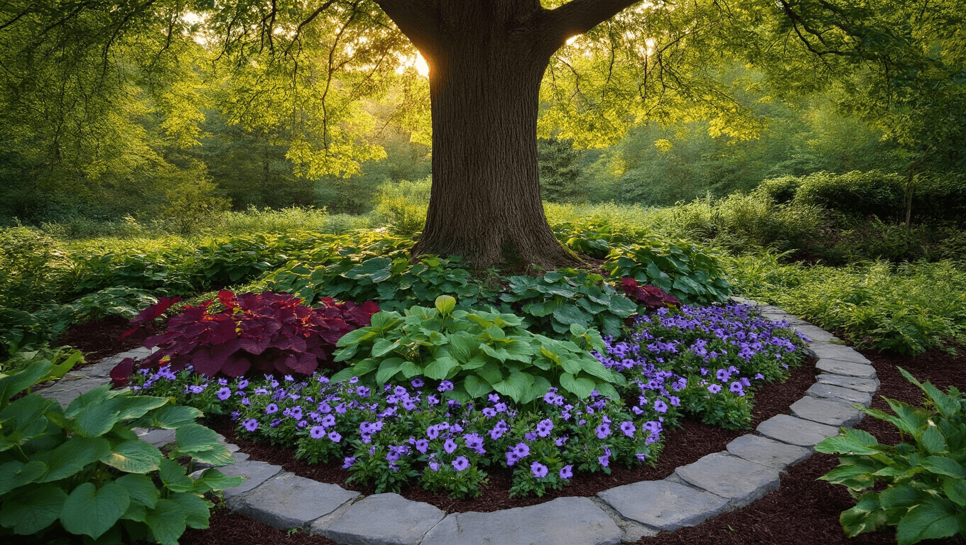 Cinematic overhead view of a tranquil woodland garden under a mature maple tree at golden hour, featuring layered planting zones of burgundy coral bells, blue-green hostas, and purple-flowering impatiens, with natural stone edging and rich soil mulched with pine needles, all illuminated by soft dappled sunlight.