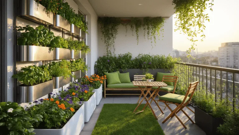 A small urban balcony garden in the morning light, featuring a vertical garden with herbs and cherry tomatoes, white resin planters with edible flowers, a bamboo bistro set, and climbing jasmine, all captured with a warm color palette and subtle bokeh effects.