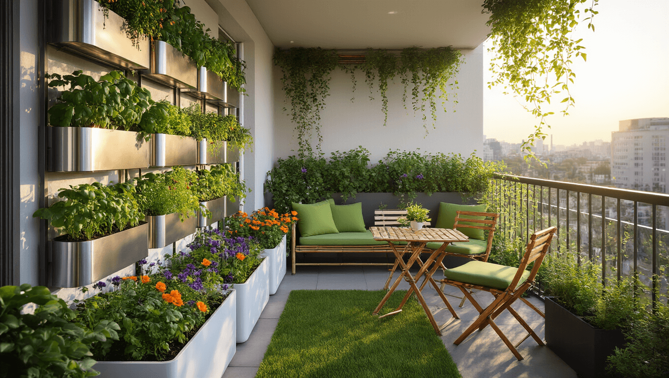 A small urban balcony garden in the morning light, featuring a vertical garden with herbs and cherry tomatoes, white resin planters with edible flowers, a bamboo bistro set, and climbing jasmine, all captured with a warm color palette and subtle bokeh effects.