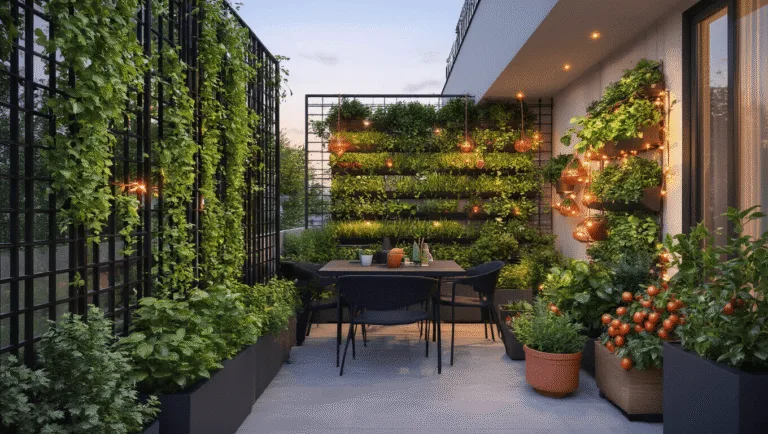Photorealistic urban balcony garden at twilight, featuring vertical gardening elements, modern planters with edible plants, and ambient lighting, photographed from a high angle.