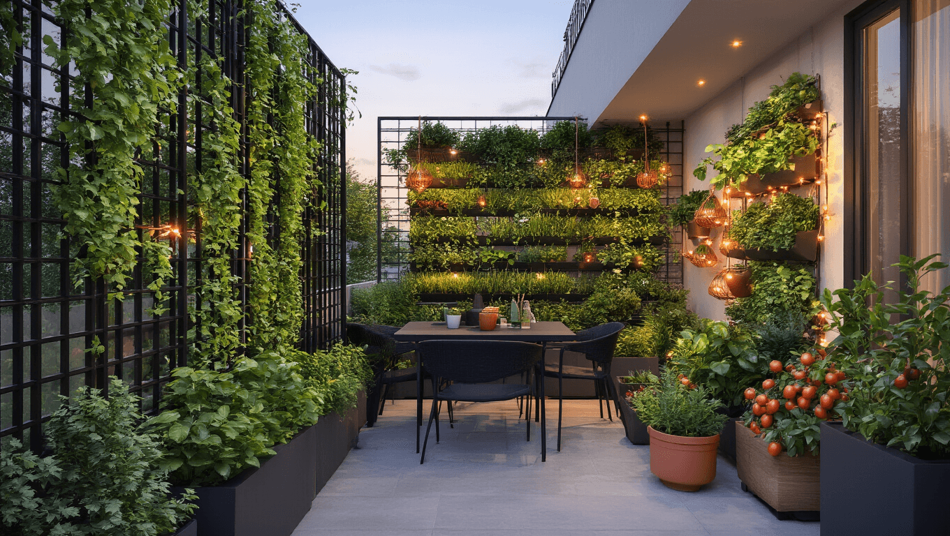 Photorealistic urban balcony garden at twilight, featuring vertical gardening elements, modern planters with edible plants, and ambient lighting, photographed from a high angle.