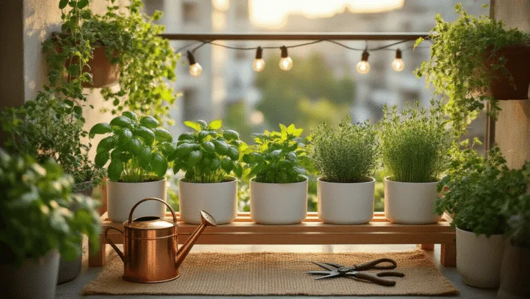 A sunlit urban balcony herb garden with matte white planters on a wooden stand, featuring basil, mint, rosemary, thyme, and chives. A copper watering can and vintage pruning shears on a jute runner, string lights overhead, dewdrops on leaves, and Moroccan lanterns create a warm ambiance.