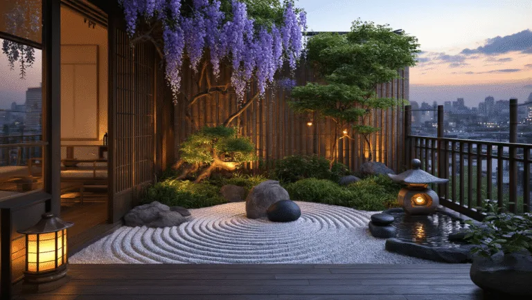Photorealistic image of an urban balcony featuring a Japanese zen garden at twilight, with a dwarf Japanese maple, cascading wisteria, stone lanterns, and a meditation fountain, all illuminated by warm lighting against a backdrop of silver gravel and bamboo screens.