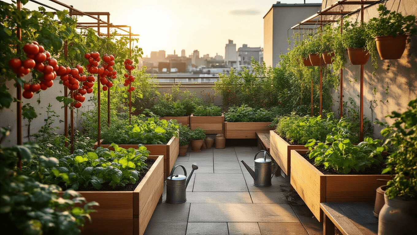 A hyperrealistic photograph of a sunlit urban rooftop terrace garden at golden hour, featuring modern wooden raised beds with vegetables and herbs, copper trellises with ripe tomatoes, hanging pots with strawberries, and a smart irrigation system, against a blurred city skyline with warm terracotta and sage green colors.
