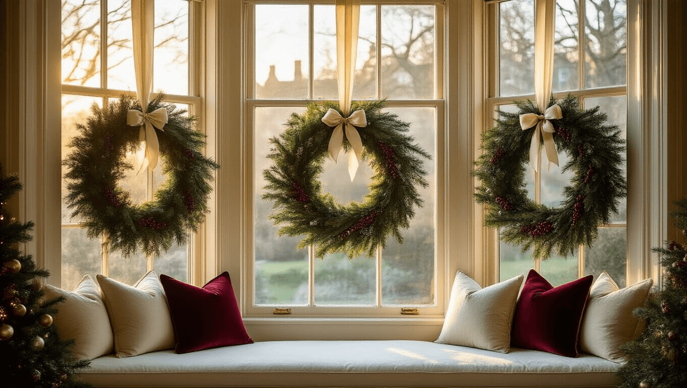 A grand Victorian bay window adorned with oversized evergreen wreaths tied with ivory ribbons, bathed in warm golden sunlight, casting intricate shadows on a cream-cushioned window seat with vintage Christmas pillows.