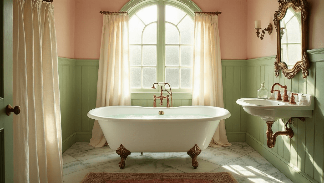 A sunlit vintage bathroom featuring a white clawfoot tub, arched frosted window, sage green wainscoting, blush pink walls, ornate brass mirror, copper fixtures, linen shower curtains, herringbone marble floor, and vintage accessories in soft golden hour light.