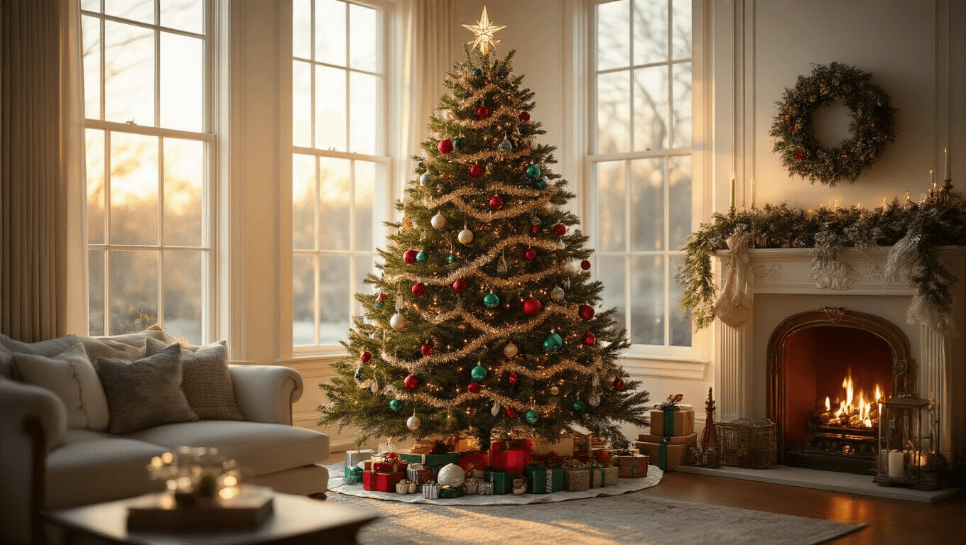 A photorealistic living room at golden hour featuring a 7-foot Fraser fir Christmas tree with vintage decorations, including mercury glass ornaments in jewel tones and silver tinsel garlands, illuminated by soft sunlight streaming through tall windows, complemented by a plush cream-colored sofa and a stone fireplace adorned with pine garland.