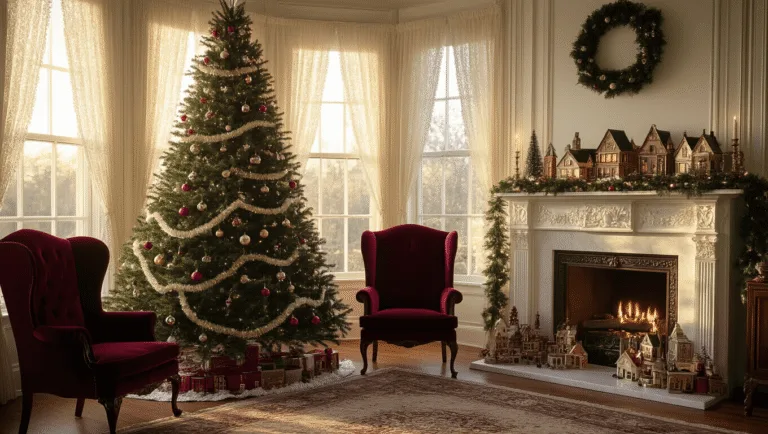 A photorealistic Victorian parlor decorated for Christmas, featuring a noble fir tree with 1950s ornaments, burgundy velvet chairs, a marble fireplace with cedar garland, illuminated Putz houses on the mantel, and warm sunlight filtering through lace curtains, all captured in golden hour lighting with intricate shadows and a dreamy atmosphere.