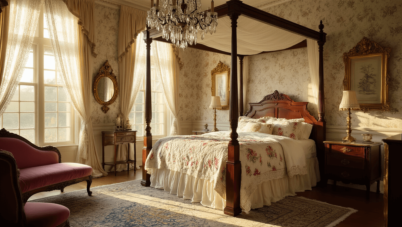 Cinematic wide-angle view of an opulent Victorian bedroom illuminated by golden hour sunlight, featuring a carved mahogany four-poster bed, elegant lace curtains, a crystal chandelier, vintage furnishings, and rich textures, all captured in photorealistic detail.