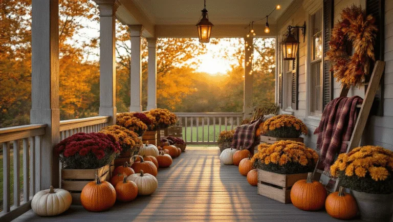 A cinematic wide-angle shot of a welcoming autumn porch adorned with heirloom pumpkins, rustic crates of chrysanthemums, a vintage ladder with plaid blankets, copper lanterns, and a handcrafted wreath on a navy blue door, all bathed in warm golden hour light.