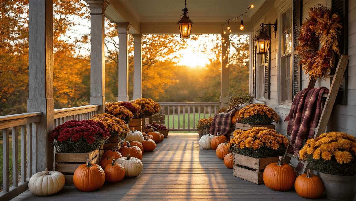A cinematic wide-angle shot of a welcoming autumn porch adorned with heirloom pumpkins, rustic crates of chrysanthemums, a vintage ladder with plaid blankets, copper lanterns, and a handcrafted wreath on a navy blue door, all bathed in warm golden hour light.