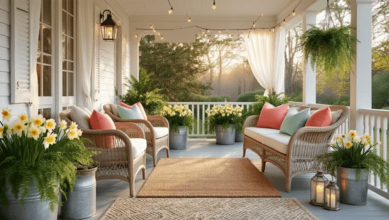 A inviting front porch at golden hour featuring rattan chairs with pastel cushions, bright daffodils in vintage planters, and warm string lights, all bathed in soft sunlight.