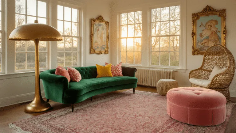 A whimsical living room during golden hour, featuring an emerald green velvet sofa, geometric pillows, a brass mushroom lamp, a rattan egg chair, and pink scalloped ottoman, all illuminated by warm light and adorned with vintage fairy tale illustrations in gold frames.