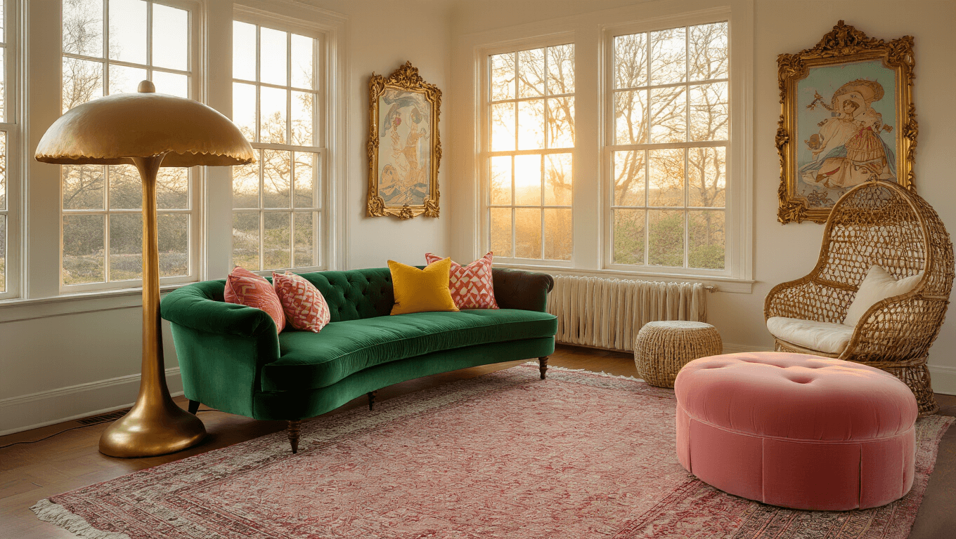 A whimsical living room during golden hour, featuring an emerald green velvet sofa, geometric pillows, a brass mushroom lamp, a rattan egg chair, and pink scalloped ottoman, all illuminated by warm light and adorned with vintage fairy tale illustrations in gold frames.