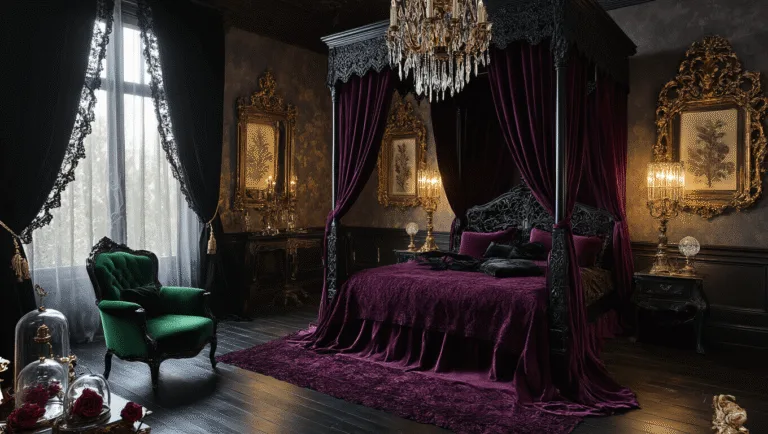 A hyperrealistic Victorian gothic bedroom featuring a black wrought-iron four-poster bed with purple velvet curtains, a burgundy brocade bedspread, and a crystal chandelier. Dramatic golden hour lighting filters through black lace curtains, illuminating an emerald green velvet armchair and a brass floor lamp. Dried roses and crystal clusters are displayed under glass domes on carved wooden side tables, all set against dark hardwood floors.
